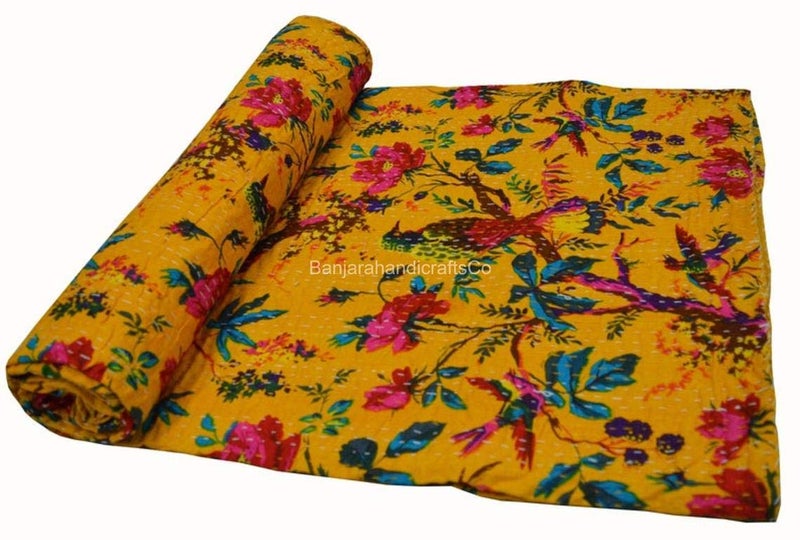 Fashion Hub Textile Work Creations Twin Size Jaipuri Quilt Handmade Cotton Kantha Blanket/Bedspread/Bedsheet (Yellow) - Image 2