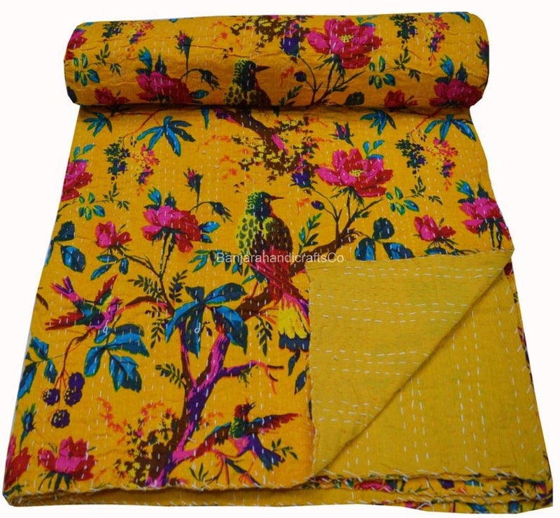 Fashion Hub Textile Work Creations Twin Size Jaipuri Quilt Handmade Cotton Kantha Blanket/Bedspread/Bedsheet (Yellow) - Image 1