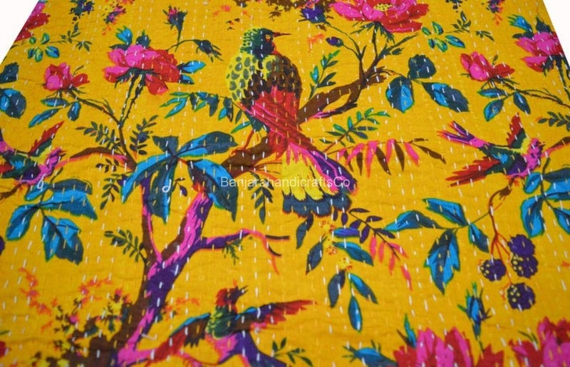 Fashion Hub Textile Work Creations Twin Size Jaipuri Quilt Handmade Cotton Kantha Blanket/Bedspread/Bedsheet (Yellow) - Image 3