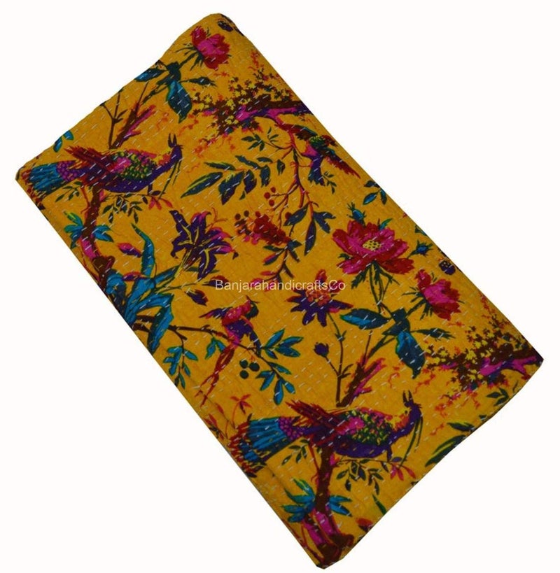 Fashion Hub Textile Work Creations Twin Size Jaipuri Quilt Handmade Cotton Kantha Blanket/Bedspread/Bedsheet (Yellow) - Image 4