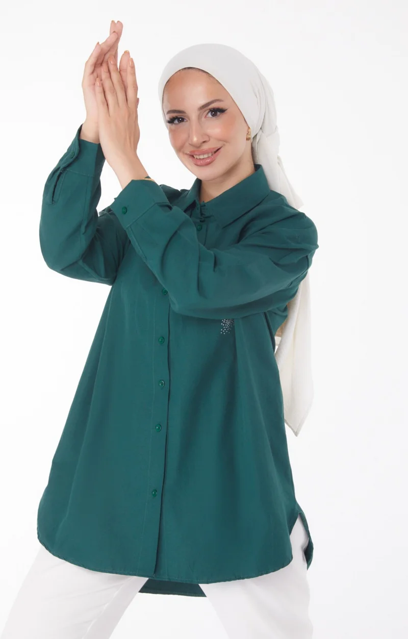Tofisa Plain Shirt Collar Women's Green Shirt - 13238