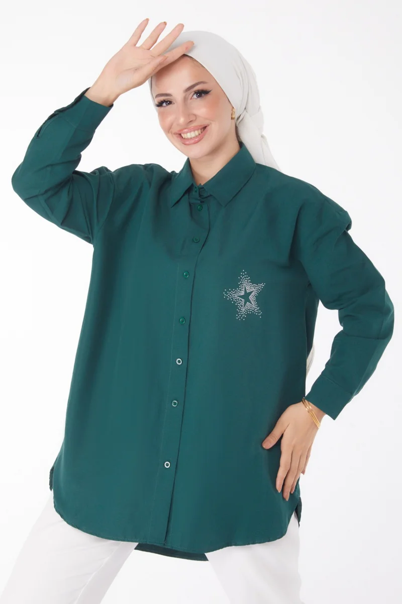 Tofisa Plain Shirt Collar Women's Green Shirt - 13238