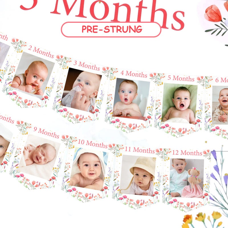 Fangleland Wildflower Theme 1st Birthday Photo Banner from Newborn to 12 Months for Girls, Growth Record Monthly Milestone Picture Banner First Birthday Party Decorations for 1 Year Old Girl - Image 5