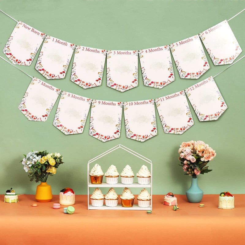Fangleland Wildflower Theme 1st Birthday Photo Banner from Newborn to 12 Months for Girls, Growth Record Monthly Milestone Picture Banner First Birthday Party Decorations for 1 Year Old Girl - Image 3
