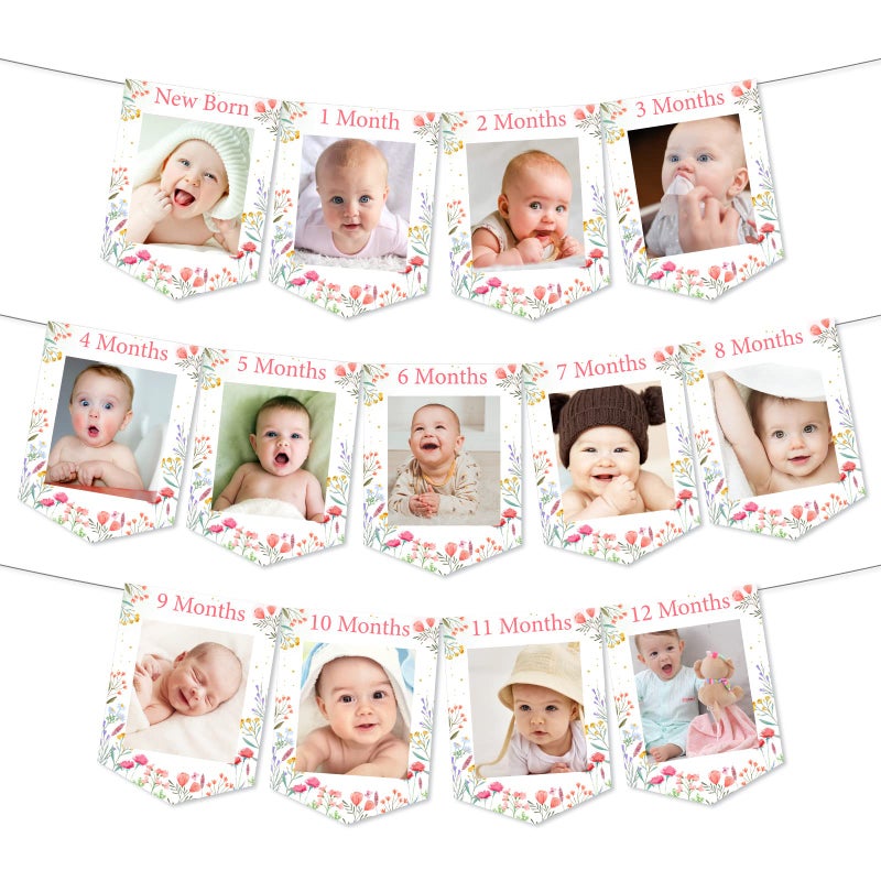 Fangleland Wildflower Theme 1st Birthday Photo Banner from Newborn to 12 Months for Girls, Growth Record Monthly Milestone Picture Banner First Birthday Party Decorations for 1 Year Old Girl - Image 2