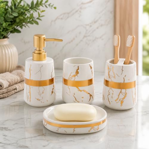 Whizzo® Ceramic Bathroom Accessories Set Ceramic - 4 Pieces Bathroom Accessories Set Soap Dispenser, Toothbrush Holder, Tumbler, Soap Dish, The Best Gifting Choice (WZ-BS-800-White) - Image 1