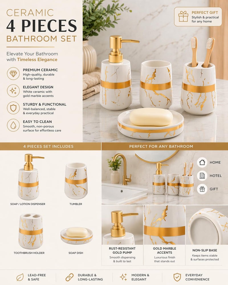 Whizzo® Ceramic Bathroom Accessories Set Ceramic - 4 Pieces Bathroom Accessories Set Soap Dispenser, Toothbrush Holder, Tumbler, Soap Dish, The Best Gifting Choice (WZ-BS-800-White) - Image 2