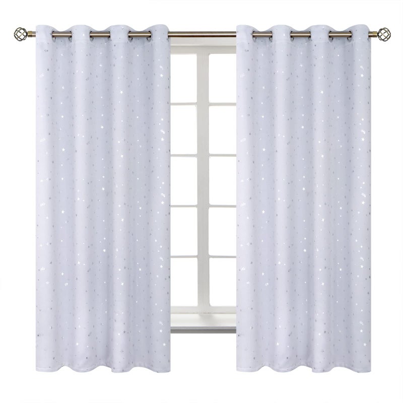 BGment Kids Room Curtains for Bedroom - Grommet Thermal Insulated Silver Star Print Room Darkening Curtains for Living Room  Set of 2 Panels  52 x 63 Inch  Greyish White - Image 1