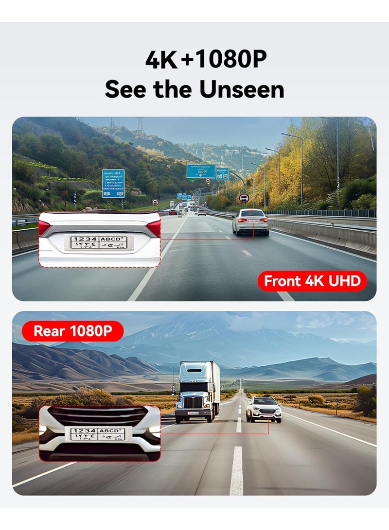 Dashcam for Car 4K Front and 1080P Rear, Dash Camera with 128GB Card, Hardwire Kit, Built-in GPS, Night Vision, WDR, 3.2 Inch APP Control Car Dash Cam - Image 2