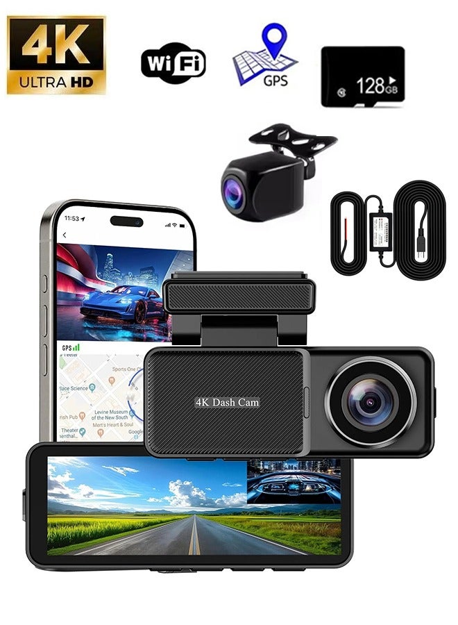 Dashcam for Car 4K Front and 1080P Rear, Dash Camera with 128GB Card, Hardwire Kit, Built-in GPS, Night Vision, WDR, 3.2 Inch APP Control Car Dash Cam - Image 1