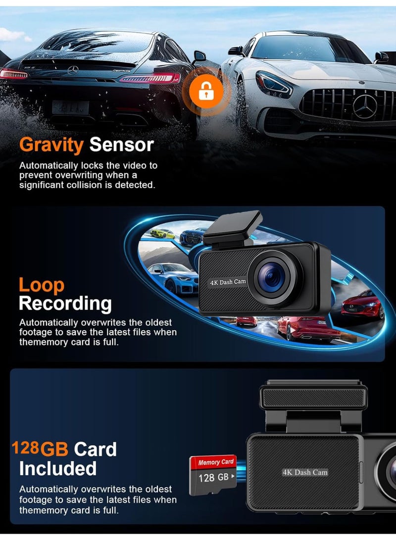Dashcam for Car 4K Front and 1080P Rear, Dash Camera with 128GB Card, Hardwire Kit, Built-in GPS, Night Vision, WDR, 3.2 Inch APP Control Car Dash Cam - Image 4