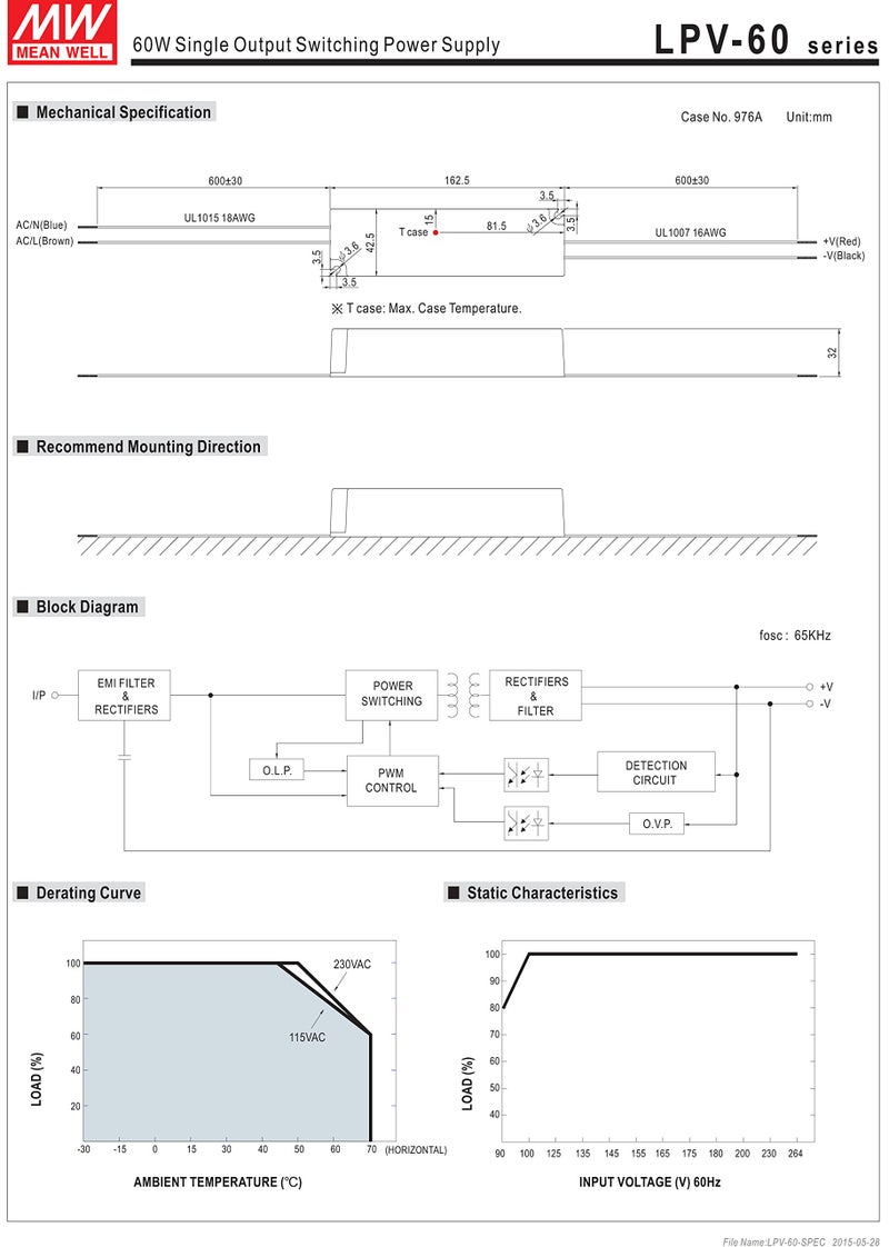 MEAN WELL LPV-60-12 Sealed Panel Mount LPV Series AC-DC 12-volt 5-Amp Power Supply with LED Driver, White - Image 3