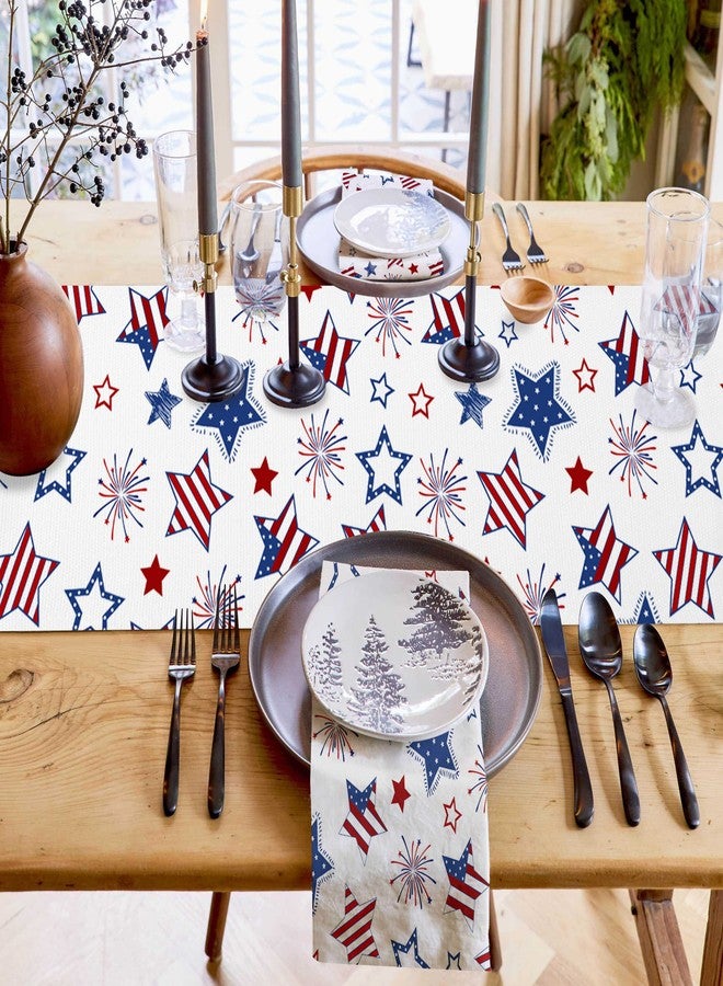 ALAGEO 4th of July Patriotic Table Runner Table Runner Red White and Blue Stars Table Runners Fireworks USA Flag Table Runners for Independence Day Memorial Day, Holiday Table Decorations 13x72 inch - Image 3