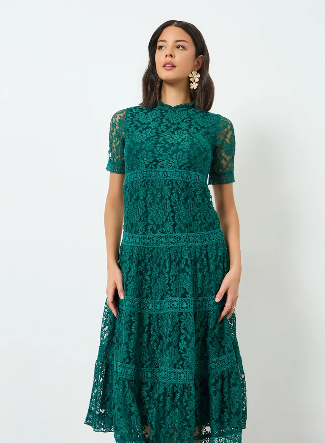 Styli  Green Lace Tiered Midi Dress for Women | Best Price UAE