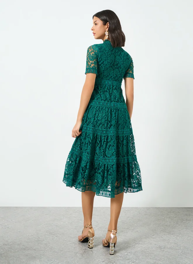 Styli  Green Lace Tiered Midi Dress for Women | Best Price UAE