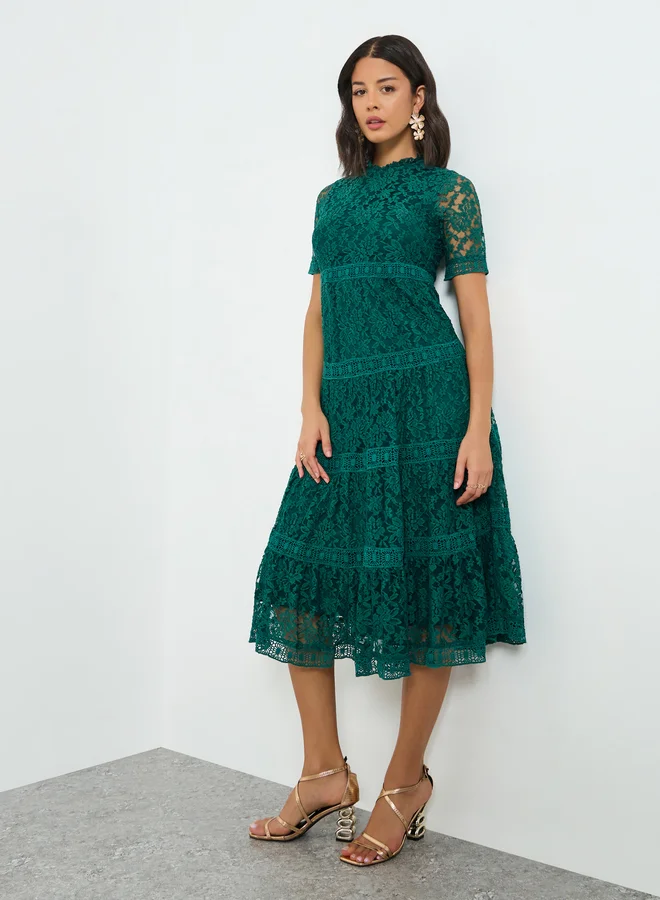 Styli  Green Lace Tiered Midi Dress for Women | Best Price UAE