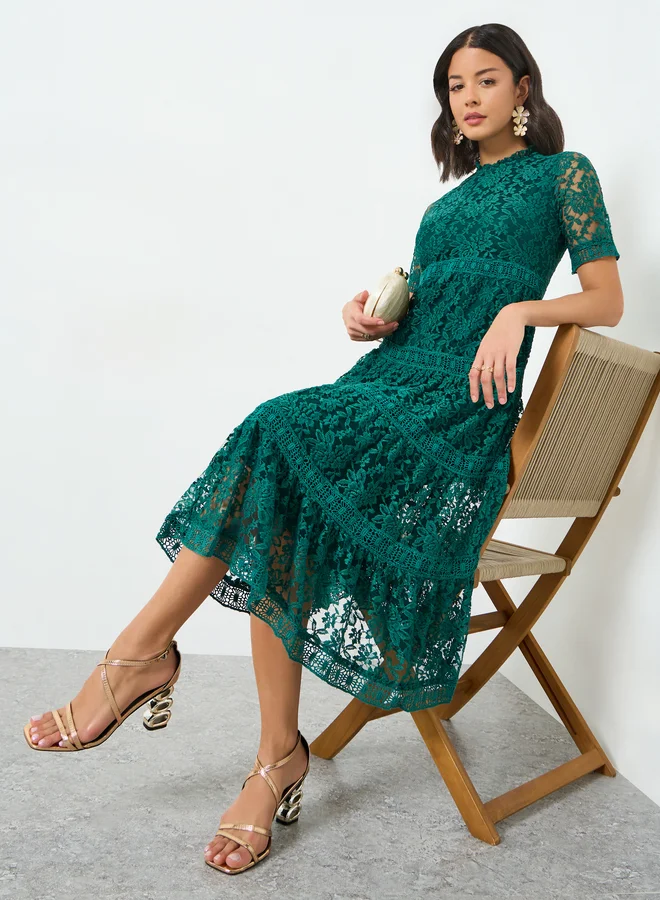Green Lace Tiered Midi Dress