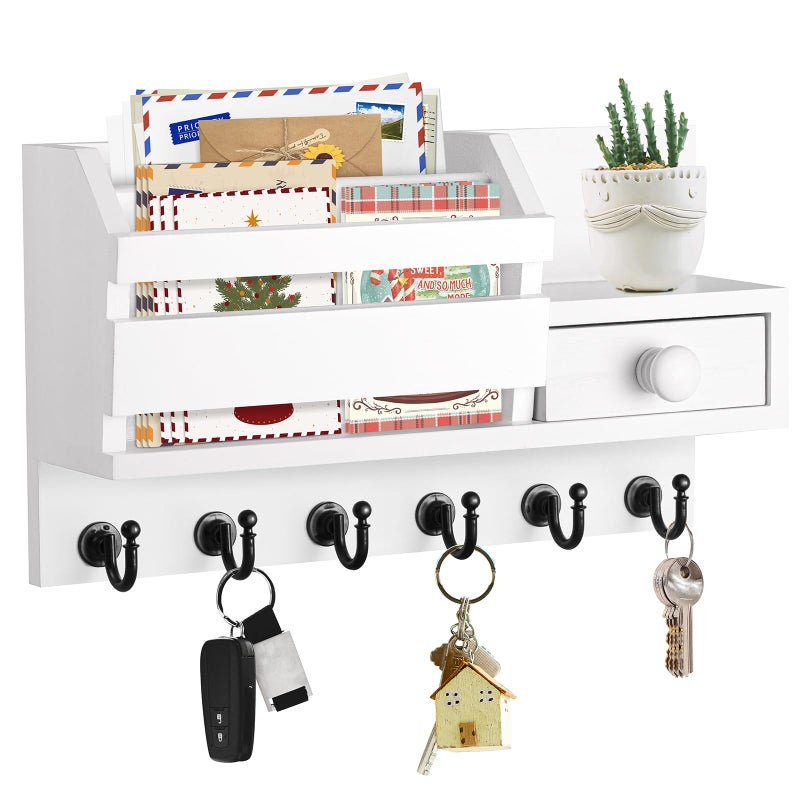 VISV Key Holder Wall Mount Wooden Mail and Key Organizer with Drawer and Shelf 2 Slots 6 Hooks White