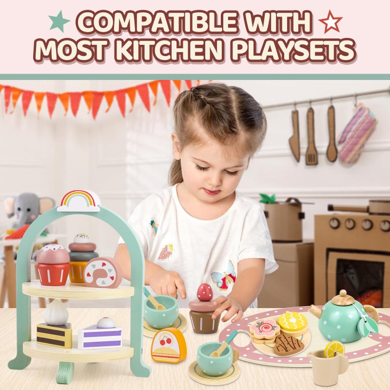 Airlab Wooden Cake Toys Tea Party Set, Desserts Food Toy with Cupcake Stand, Kids Pretend Play Kitchen Accessories, Wooden Play Food Set Toy Baking Gift for 3 4 5 Years Old Girls Boys - Image 4