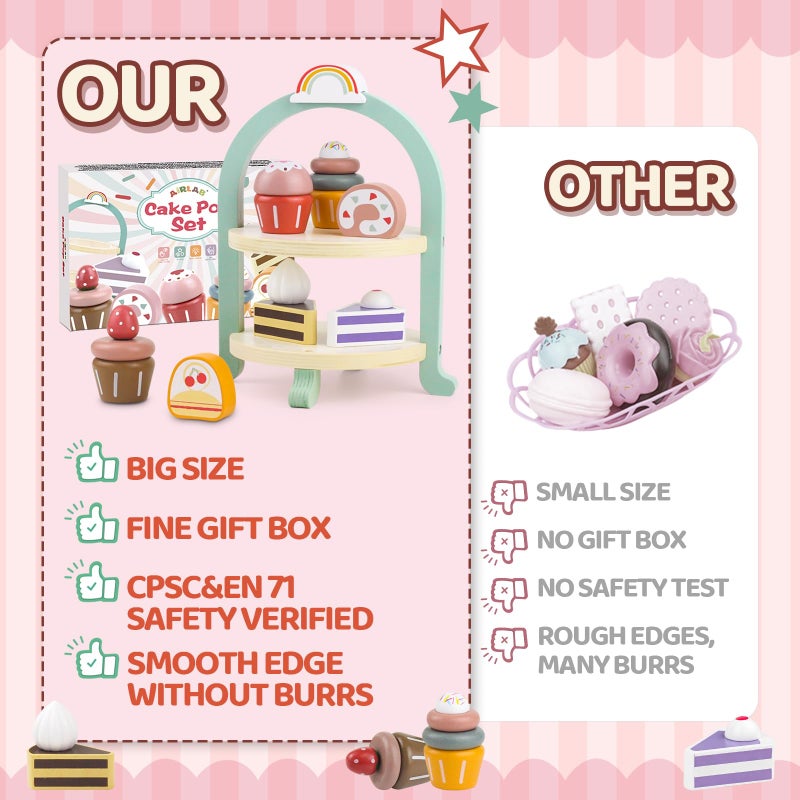 Airlab Wooden Cake Toys Tea Party Set, Desserts Food Toy with Cupcake Stand, Kids Pretend Play Kitchen Accessories, Wooden Play Food Set Toy Baking Gift for 3 4 5 Years Old Girls Boys - Image 5