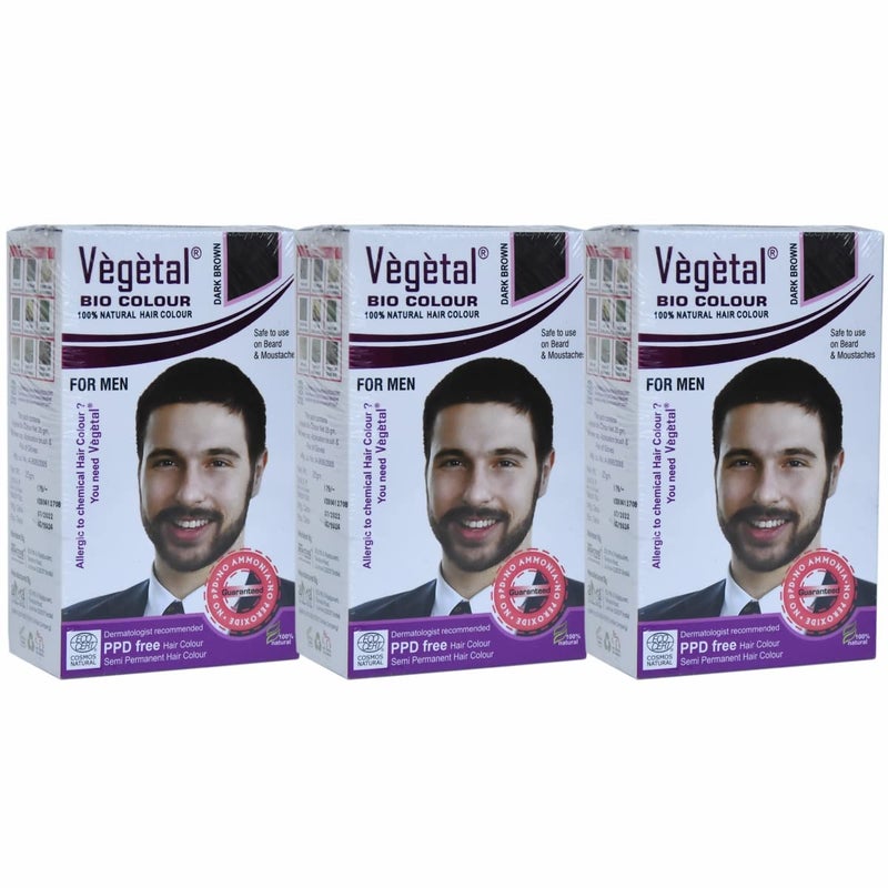 Vegetal لون شعر اللحية النباتي الحيوي 25 جرام عبوة من 3 | تجربة لون لحية بني داكن طبيعي للرجال | خالي من الأمونيا وخالي من PPD 100% عضوي وآمن وفعال لصبغ اللحية - Image 1