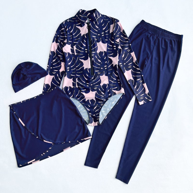 Full Surrounded Sheltering Diving Surfing Conservative Swimsuit Four-Piece Beach Printed Sunscreen Long-Sleeved Split Swimsuit - Image 1