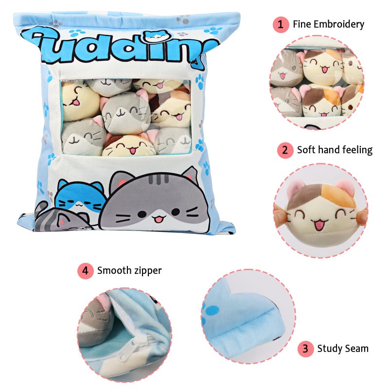 JILPAK Cat Plush Pillow Throw Pillows, Cute Plushies with Kitten Doll, Bag of Removable Kitten Stuffed Animals, Kawaii Plushies Cat Toy, Gift for Holiday Birthday Home Decoration (8 Blue Kitten) - Image 2
