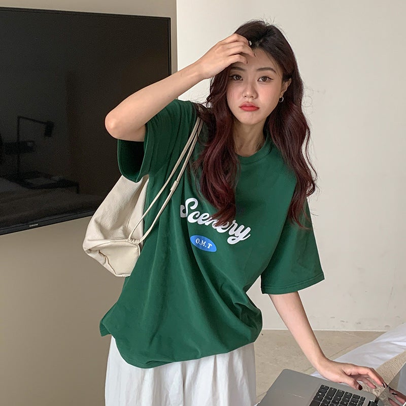 Cotton Printed Summer Loose Short-Sleeved T-Shirt for Female Students with Simple Letters Korean Style Round Neck Couple Ins Top for Women - Image 3