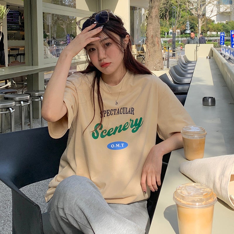 Cotton Printed Summer Loose Short-Sleeved T-Shirt for Female Students with Simple Letters Korean Style Round Neck Couple Ins Top for Women - Image 5