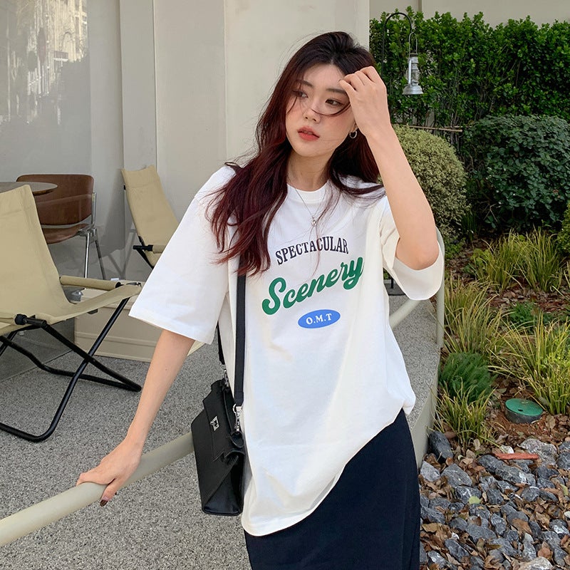 Cotton Printed Summer Loose Short-Sleeved T-Shirt for Female Students with Simple Letters Korean Style Round Neck Couple Ins Top for Women - Image 2