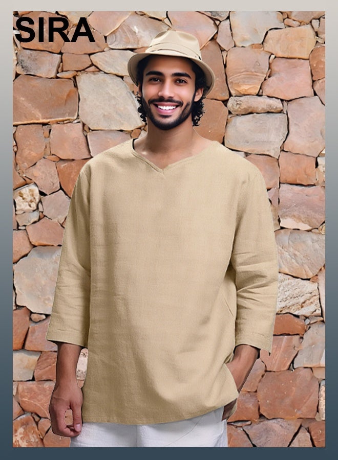 SIRA Men's V-Neck Linen Shirt - Breathable Long Sleeve Casual Shirt | Loose Fit Cotton Blend for Travel, Outdoor & Daily Wear | Comfortable & Stylish（Khaki） - Image 1