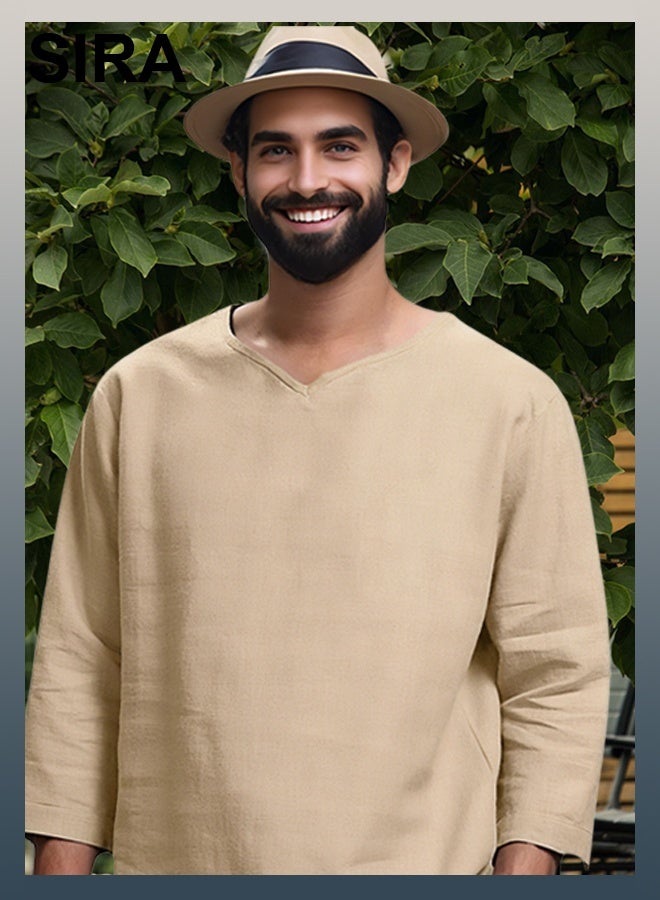 SIRA Men's V-Neck Linen Shirt - Breathable Long Sleeve Casual Shirt | Loose Fit Cotton Blend for Travel, Outdoor & Daily Wear | Comfortable & Stylish（Khaki） - Image 3