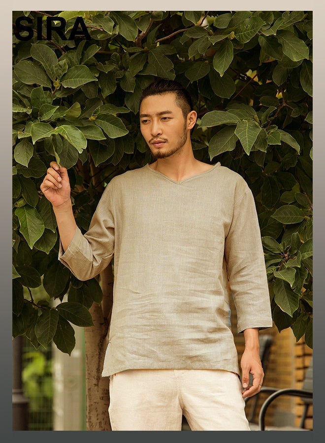 SIRA Men's V-Neck Linen Shirt - Breathable Long Sleeve Casual Shirt | Loose Fit Cotton Blend for Travel, Outdoor & Daily Wear | Comfortable & Stylish（Khaki） - Image 5