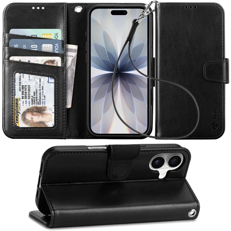 Arae Compatible with iPhone 17 Case Wallet with Card Holder, Wristlet Strap Wallet Flip Cover for iPhone 17 6.3 inch Men/Women, RFID Blocking, Kickstand, Black - Image 1