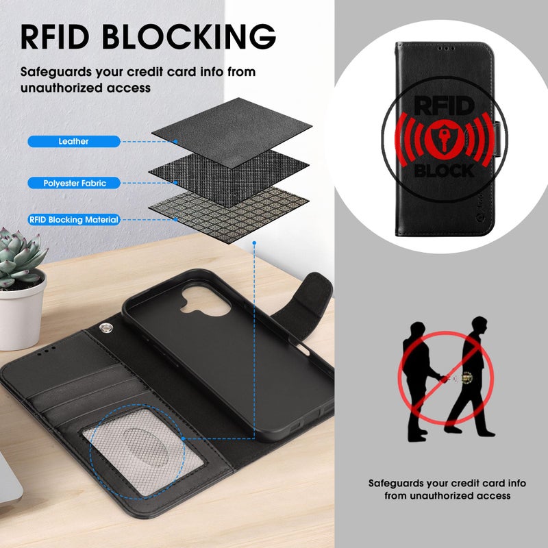 Arae Compatible with iPhone 17 Case Wallet with Card Holder, Wristlet Strap Wallet Flip Cover for iPhone 17 6.3 inch Men/Women, RFID Blocking, Kickstand, Black - Image 3