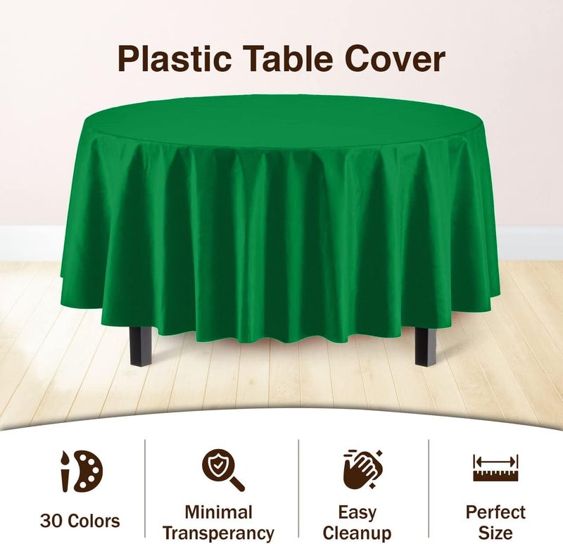 Party Solids 6-Pack Premium Plastic Tablecloth 84in. Round Plastic Table Cover - Emerald Green - Image 3