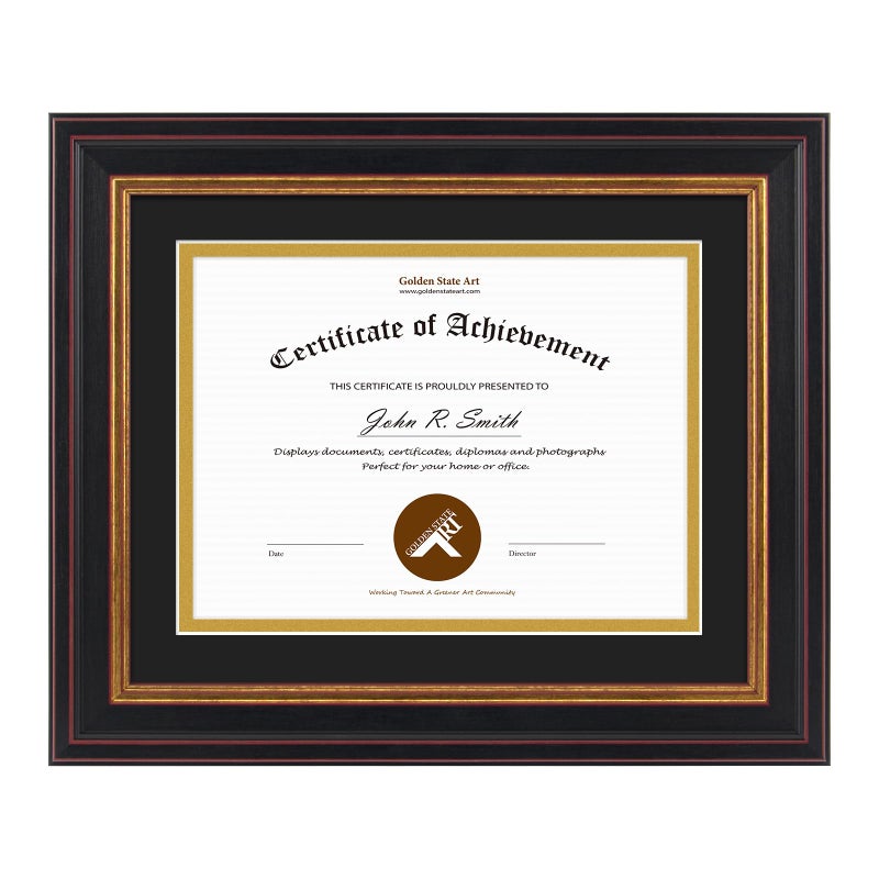 Golden State Art, 8x10 Document Frame for 6x8 Diploma/Certificate/Picture, Black Gold & Burgundy Color. Includes Double Mat, Real Glass (Black Over Gold Double Mat) - Image 1
