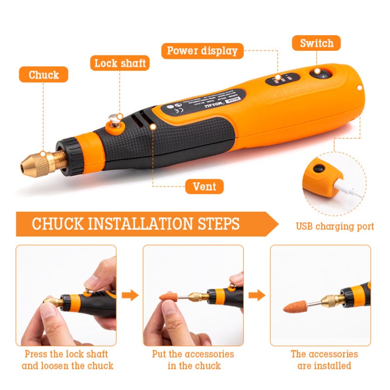 Electric Grinder Set 46pcs Accessory Kit Cordless Rotary Power Tool - 3-Speed 5000~15000R/min Rechargeable Grinding Pen for Precision Grinding Drilling Carving on Wood Jade Stone - Image 4