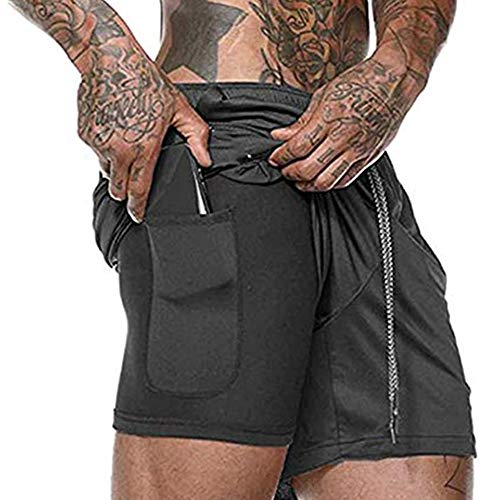 Ultra Dry Men's 2-in-1 Running Shorts Workout Training Short with Inner Compression Short and Zip Pocket Black Medium - Image 1