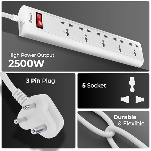 FOXIN Surge Protector, 5 Universal Sockets, 2500 Watt, 2 Meter 6.5 Feet Cord | Fire Proof & Automatic Overload Protection, Spike Guard/Extension Board with Master Switch | 1 Year Manufacturer Warranty - Image 2