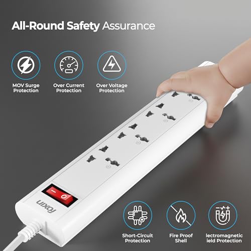 FOXIN Surge Protector, 5 Universal Sockets, 2500 Watt, 2 Meter 6.5 Feet Cord | Fire Proof & Automatic Overload Protection, Spike Guard/Extension Board with Master Switch | 1 Year Manufacturer Warranty - Image 5