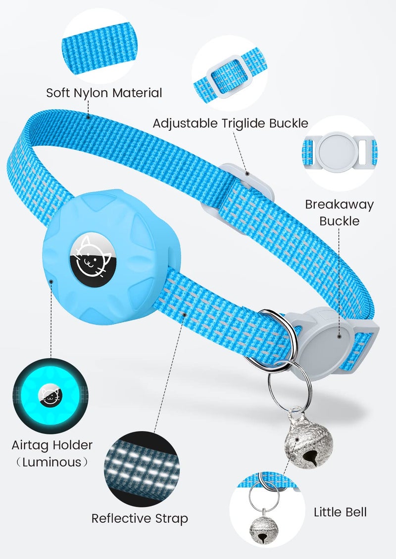 Hoeraonr AirTag Cat Collar, Reflective Kitten Collar with Breakaway Apple AirTag Holder and Bell, Lightweight GPS Tracker Collar for Cats and Puppies (Luminous Blue) - Image 3