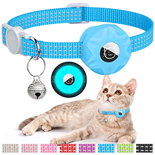 Hoeraonr AirTag Cat Collar, Reflective Kitten Collar with Breakaway Apple AirTag Holder and Bell, Lightweight GPS Tracker Collar for Cats and Puppies (Luminous Blue) - Image 1