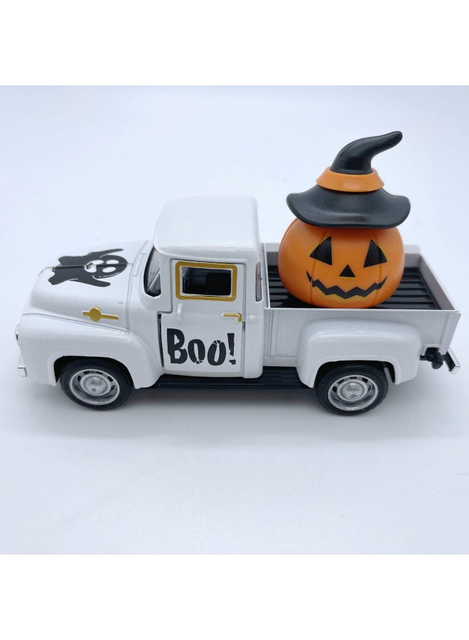 Loquat Alloy Car Model Alloy Back Car Toy Retro Pickup  Toy Craft Ornaments Back Car Ghost Festival-color:White Car + Orange Pumpkin - Image 1
