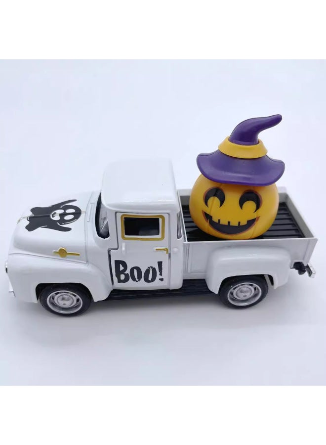 Loquat Alloy Car Model Alloy Back Car Toy Retro Pickup  Toy Craft Ornaments Back Car Ghost Festival-color:White Car + Orange Pumpkin - Image 4