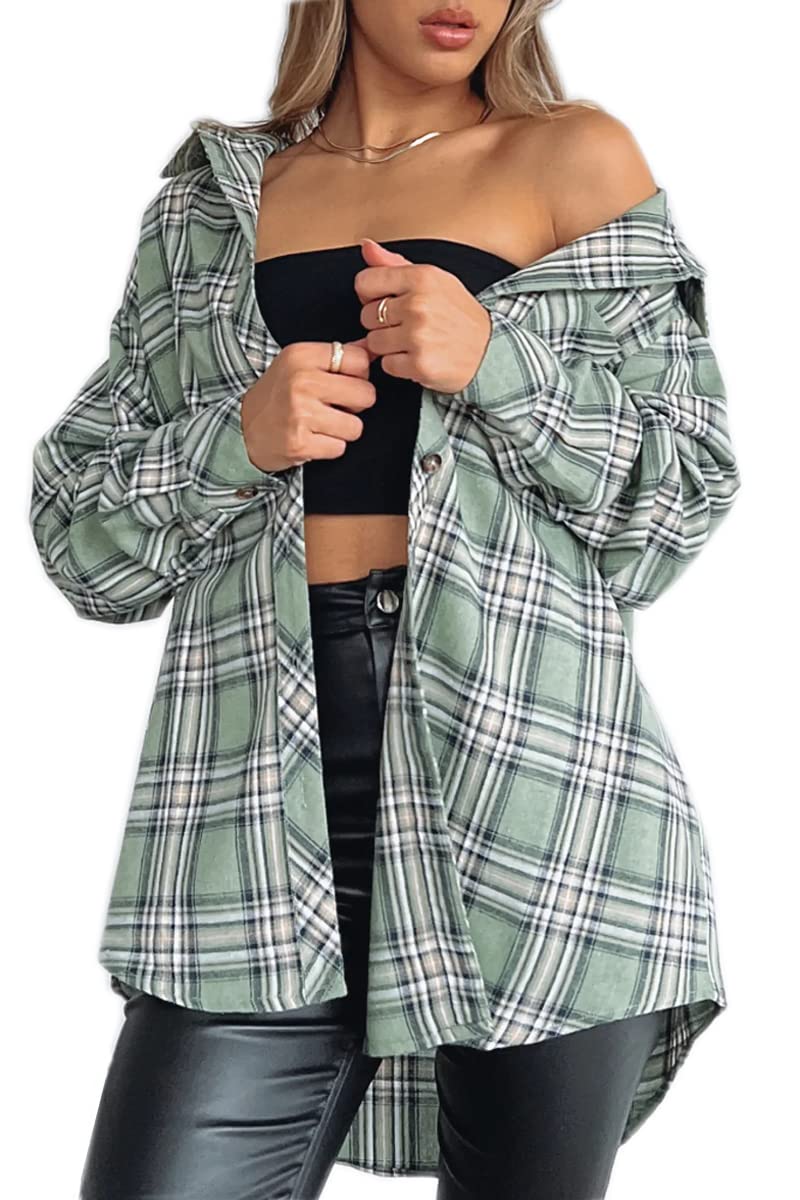 CHYRII Womens Button Down Flannel Shirts Long Sleeve Plaid Shacket Business Casual Blouse Topss Green-7111 S - Image 5