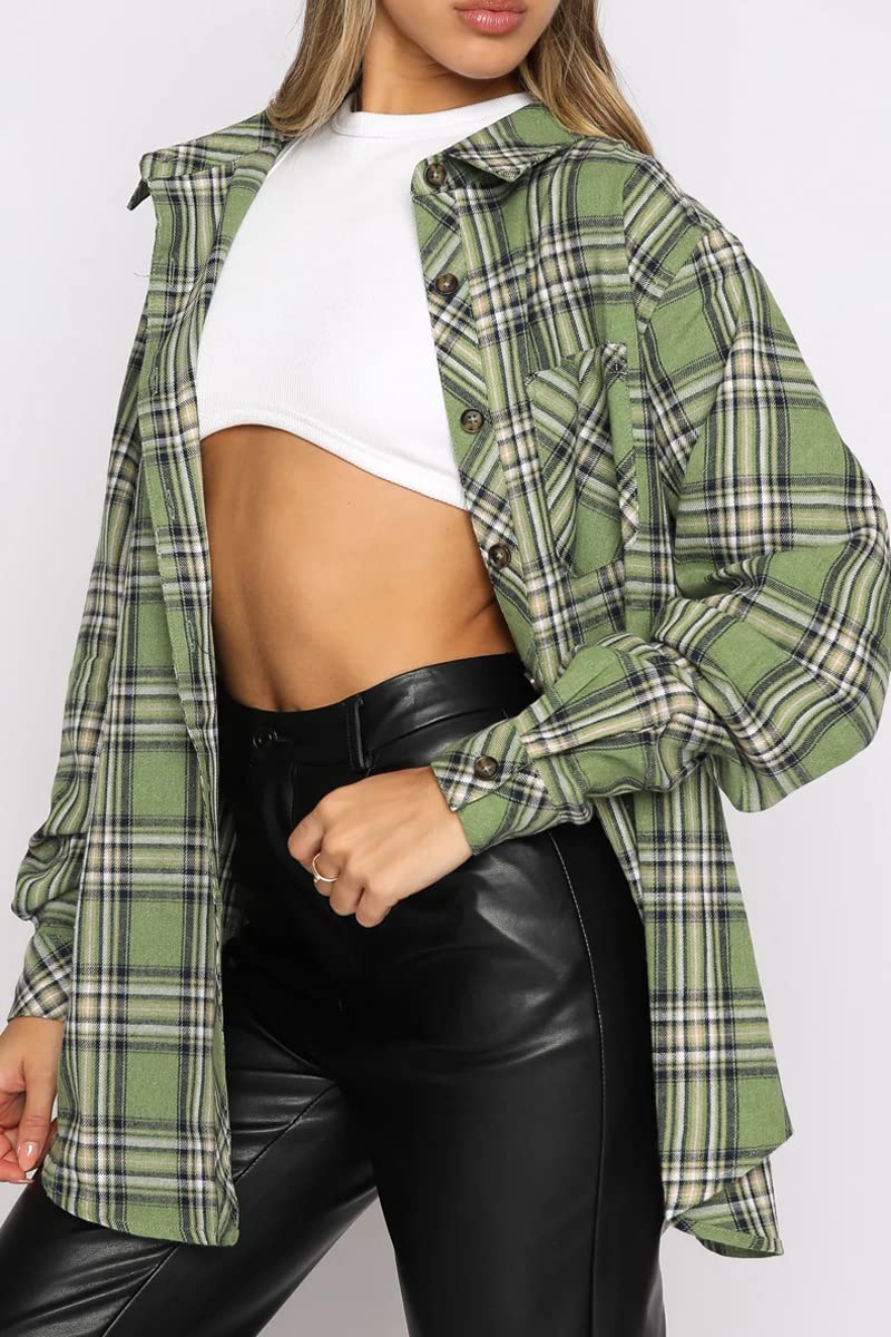 CHYRII Womens Button Down Flannel Shirts Long Sleeve Plaid Shacket Business Casual Blouse Topss Green-7111 S - Image 2
