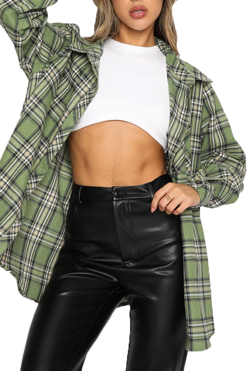 CHYRII Womens Button Down Flannel Shirts Long Sleeve Plaid Shacket Business Casual Blouse Topss Green-7111 S - Image 1