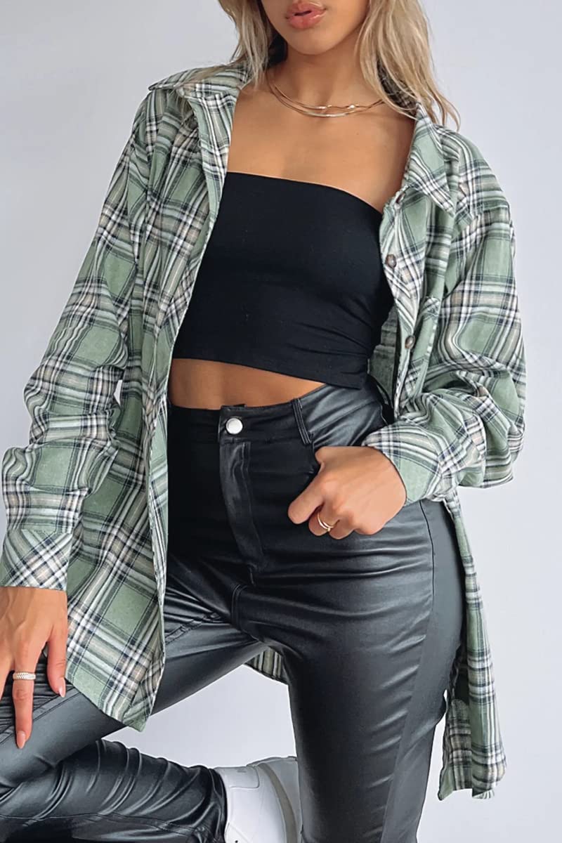 CHYRII Womens Button Down Flannel Shirts Long Sleeve Plaid Shacket Business Casual Blouse Topss Green-7111 S - Image 4