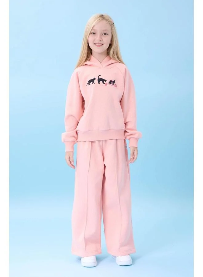 Perendi Girl's Hooded Winter Set with Fleece Lining, Cat Embroidery, Sherdona Fabric – Yavruağzı.